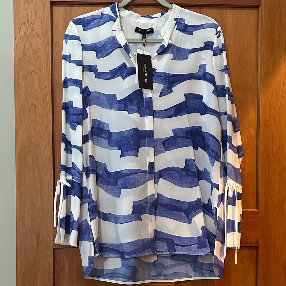 Lafayette 148 New York Blue and White Abstract Wave Silk Shirt